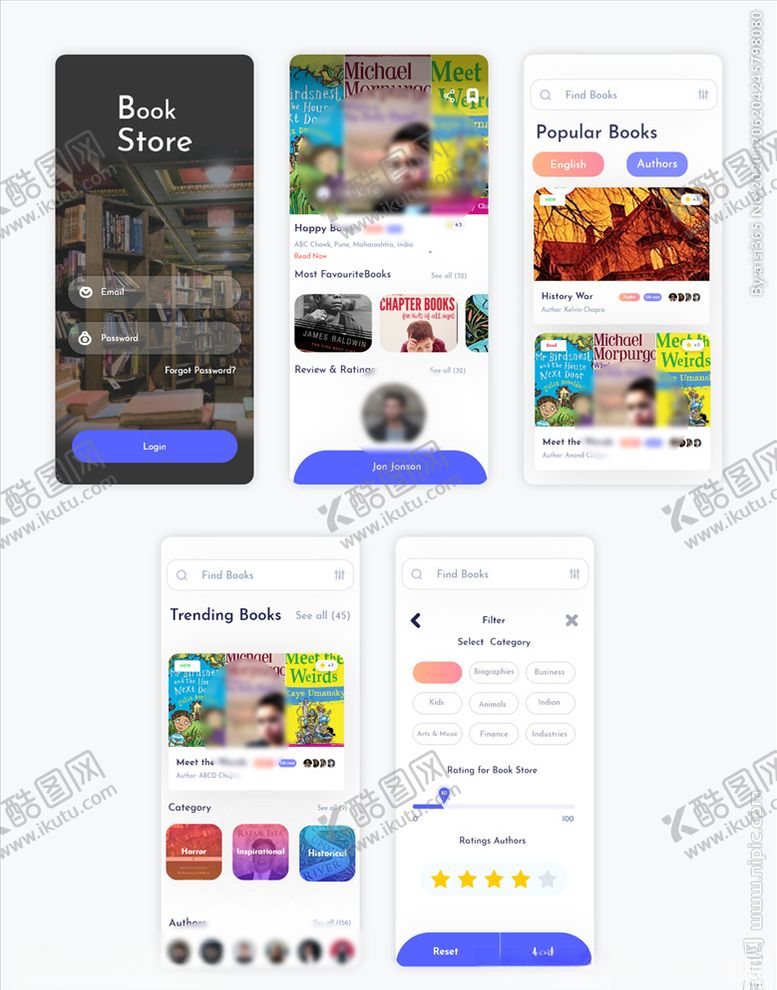 编号：92968803280516032669【酷图网】源文件下载-xd书店蓝色UI设计登录页首页