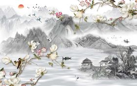 玉兰花鸟山水背景