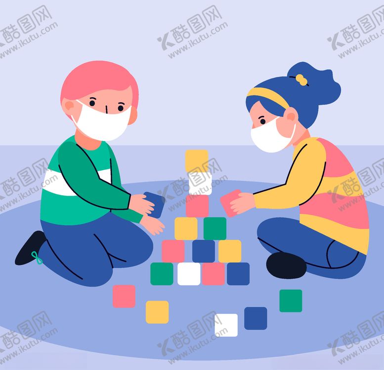 编号：61752909260902414438【酷图网】源文件下载-戴口罩小孩玩积木的儿童