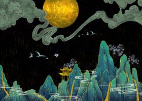 中国风插画banner山水金丝图