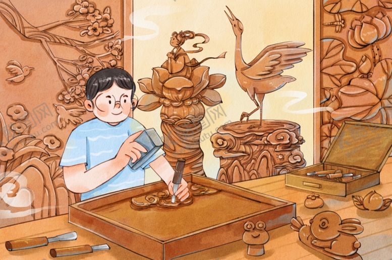 编号：96130904031637201259【酷图网】源文件下载-木头雕刻水彩插画