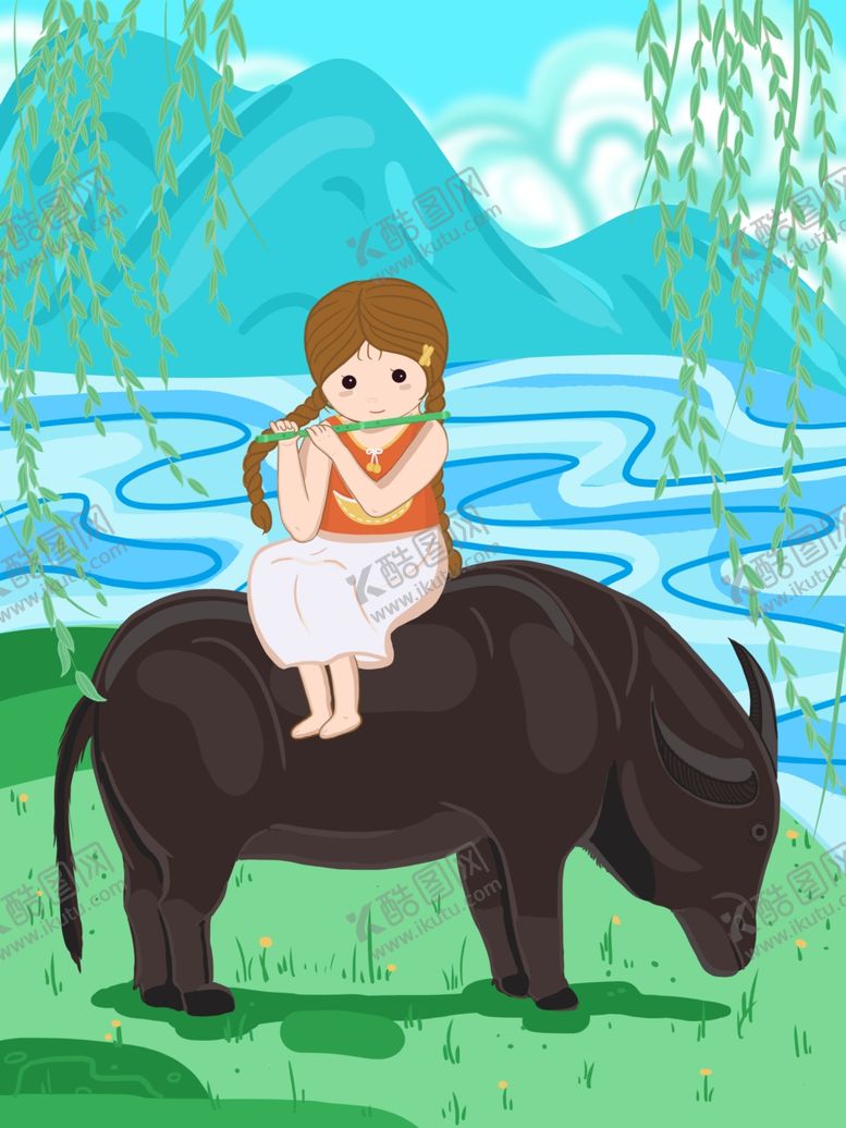 编号：79243410261028547528【酷图网】源文件下载-清明放牛吹笛的女孩