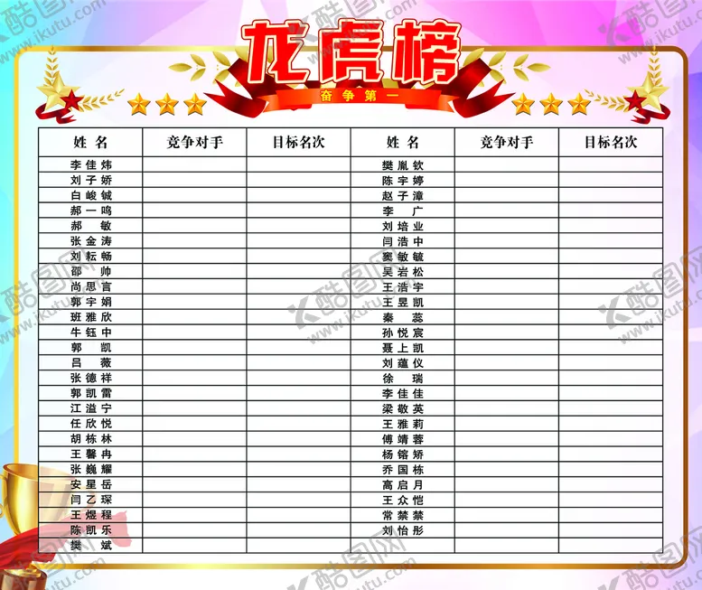 编号：87632109142326534076【酷图网】源文件下载-班级龙虎榜校园比赛