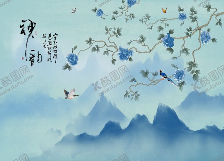 编号：72532004200344102629【酷图网】源文件下载-水墨山水花鸟背景