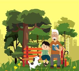 创意公园休息的爷爷和孙子