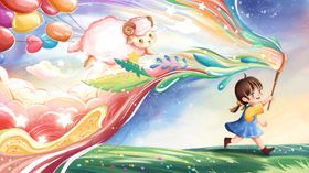 女孩追逐梦幻飞天孩童