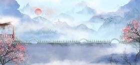 手绘古风插画背景图片水墨山水书法中式水墨