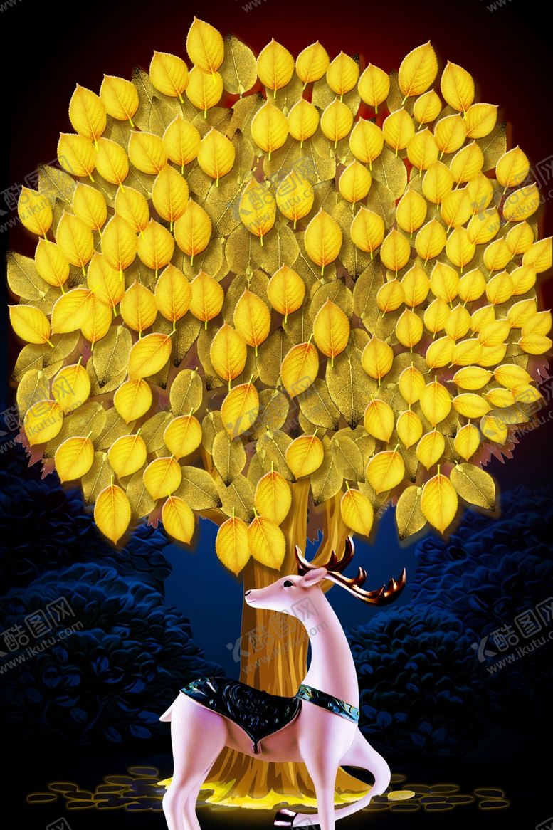 编号：15808110060814319934【酷图网】源文件下载-麋鹿发财树装饰画