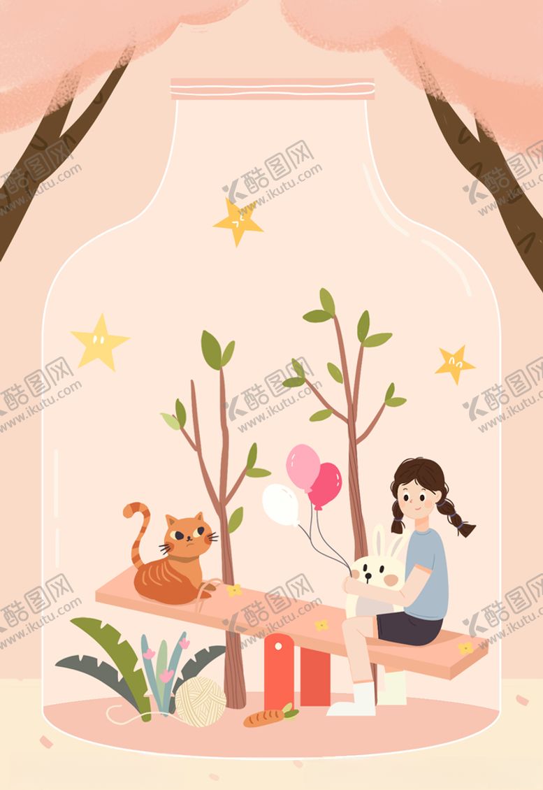 编号：81027609221701022547【酷图网】源文件下载-手绘女孩和猫插画