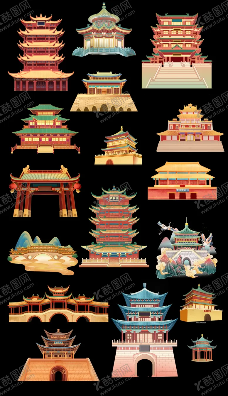 编号：71224602090715368286【酷图网】源文件下载-国潮风建筑素材png元素