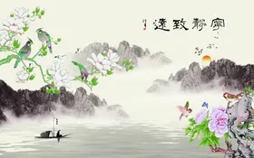 山水画风景装饰玄关分层