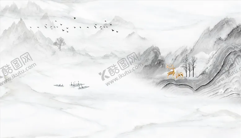 编号：78928203140321386633【酷图网】源文件下载-水墨山水灰白石纹大雁梅花鹿小船