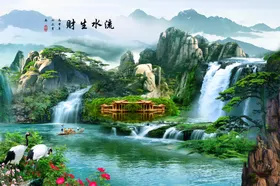 流水生财电视背景墙山画山装饰画