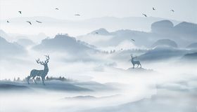 山水鹿插画青山绿水禅意水墨画