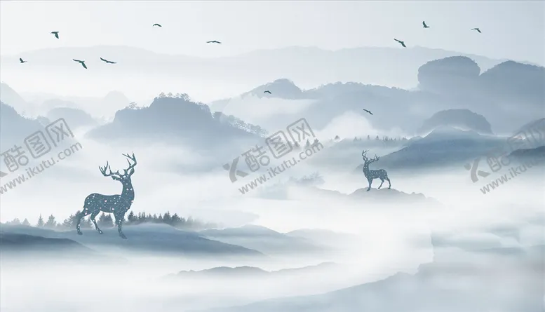 编号：22974404301001173088【酷图网】源文件下载-水墨山水鹿大雁背景墙