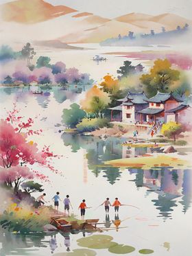 地产春分踏青风景水彩插画海报