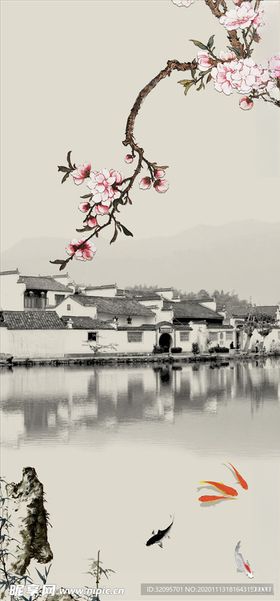 水墨画梅花九鱼玄关图