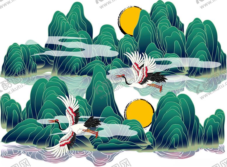 编号：53469011251804273305【酷图网】源文件下载-山水间双鹤飞舞图景