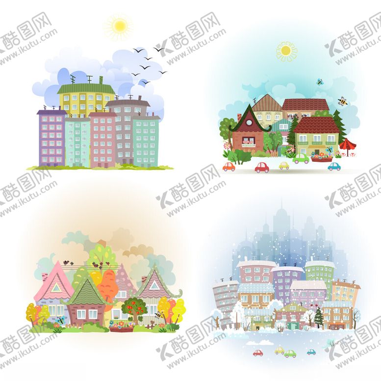 编号：12118207022043444840【酷图网】源文件下载-多彩卡通风格城市景观插画