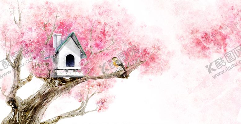 编号：50946909252300432204【酷图网】源文件下载-油画小鸟鸟窝树上的房子