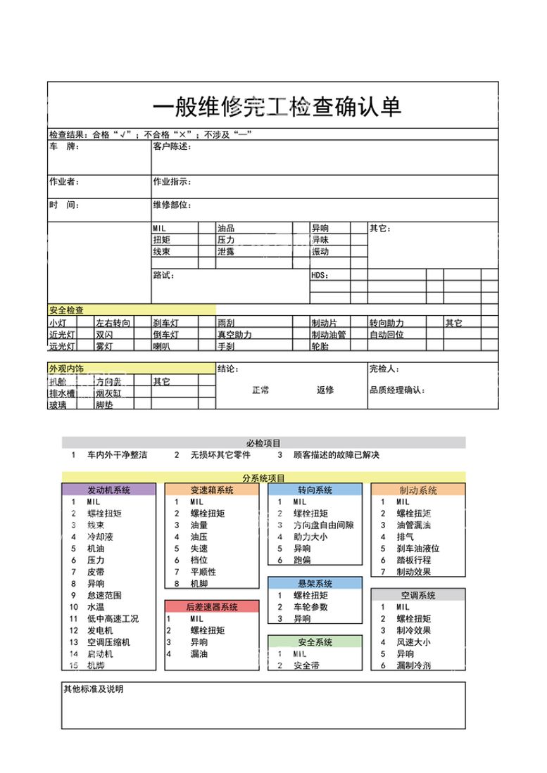 编号：89444111171644262525【酷图网】源文件下载-一般维修完工检查确认单