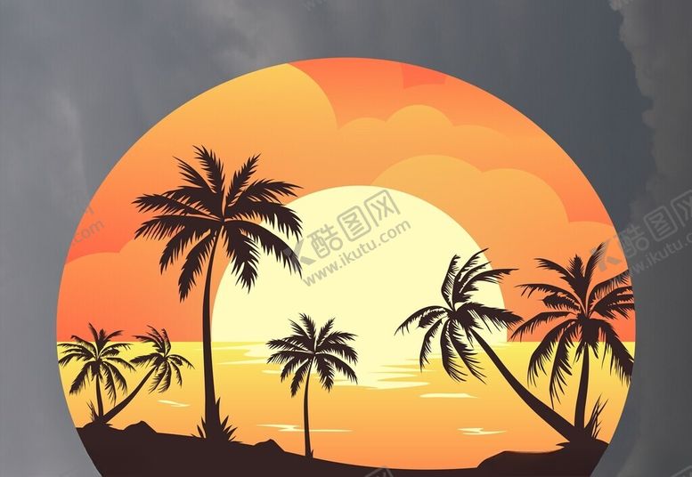 夕阳椰树美景图标识色子