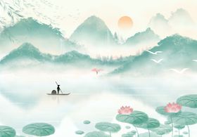 水墨山水间的孤舟赏景