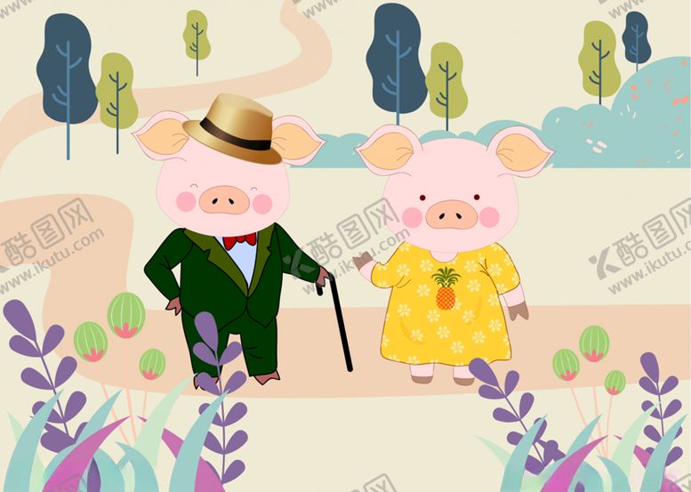 编号：24979110130537185950【酷图网】源文件下载-情侣小猪出游