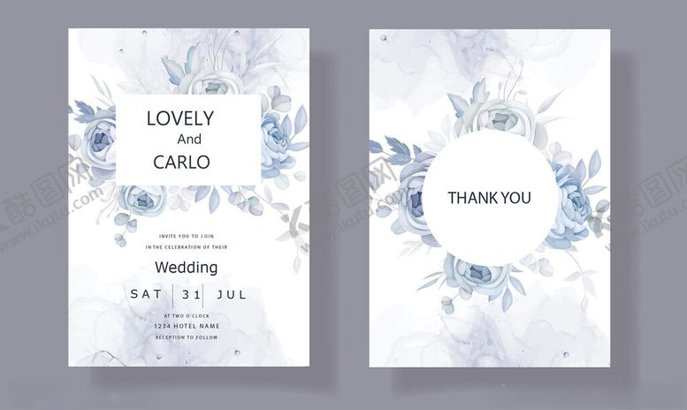 编号：20203210310120435569【酷图网】源文件下载-蓝白色花卉婚礼请柬设计