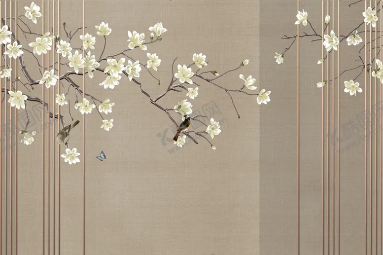 编号：24564706241214065356【酷图网】源文件下载-花鸟画手绘花鸟背景墙