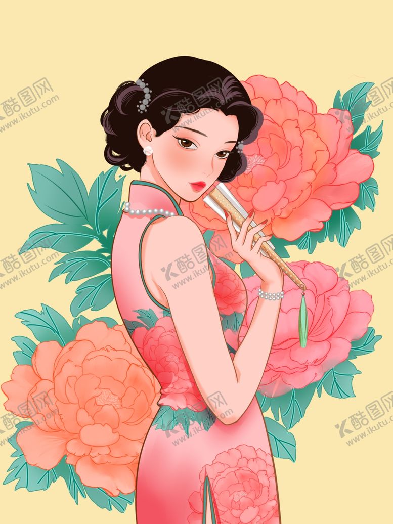 编号：51415604081428303878【酷图网】源文件下载-民国复古旗袍女子与繁花手绘插画
