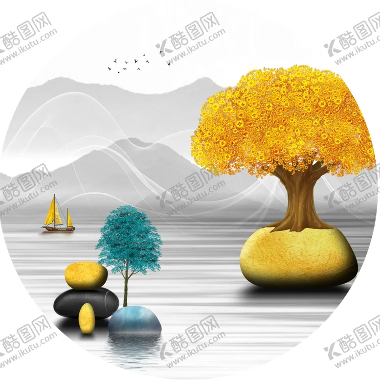 编号：64297701170451127976【酷图网】源文件下载-发财树湖泊圆形挂画装饰画