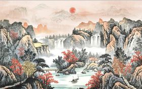 仿古青绿山水国画电视背景墙