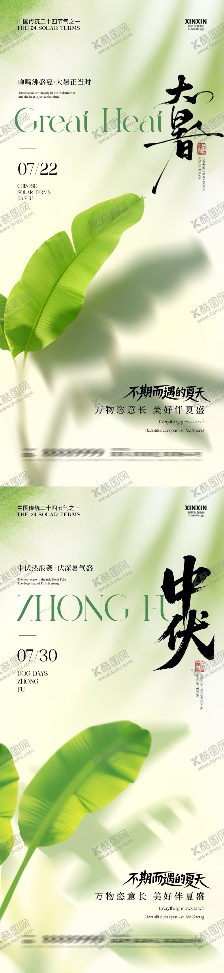 编号：19780107071125399456【酷图网】源文件下载-地产大暑中伏芭蕉叶插画海报