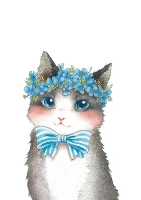 小猫手绘花纹印花素材布料图案