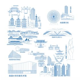 南通城市地标剪影矢量