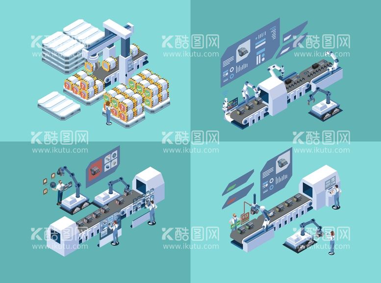 编号：78930610111411317053【酷图网】源文件下载-卡通智能机器人传送带制造矢量