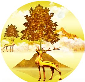 轻奢发财鹿金山发财树圆形装饰画
