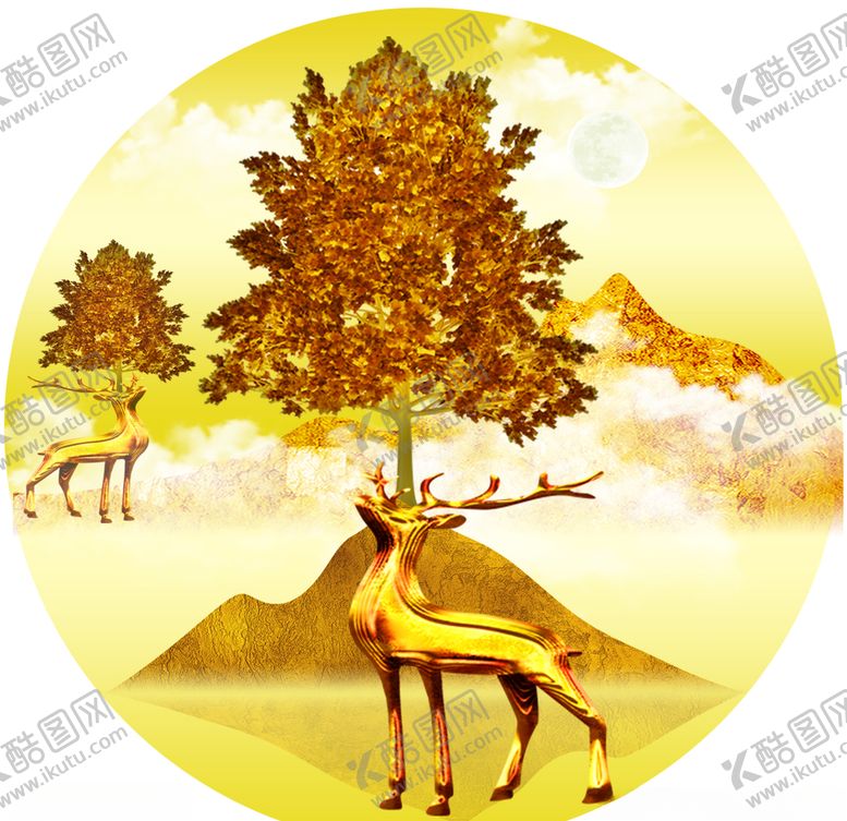 编号：59976410302055094567【酷图网】源文件下载-轻奢发财鹿金山发财树圆形装饰画