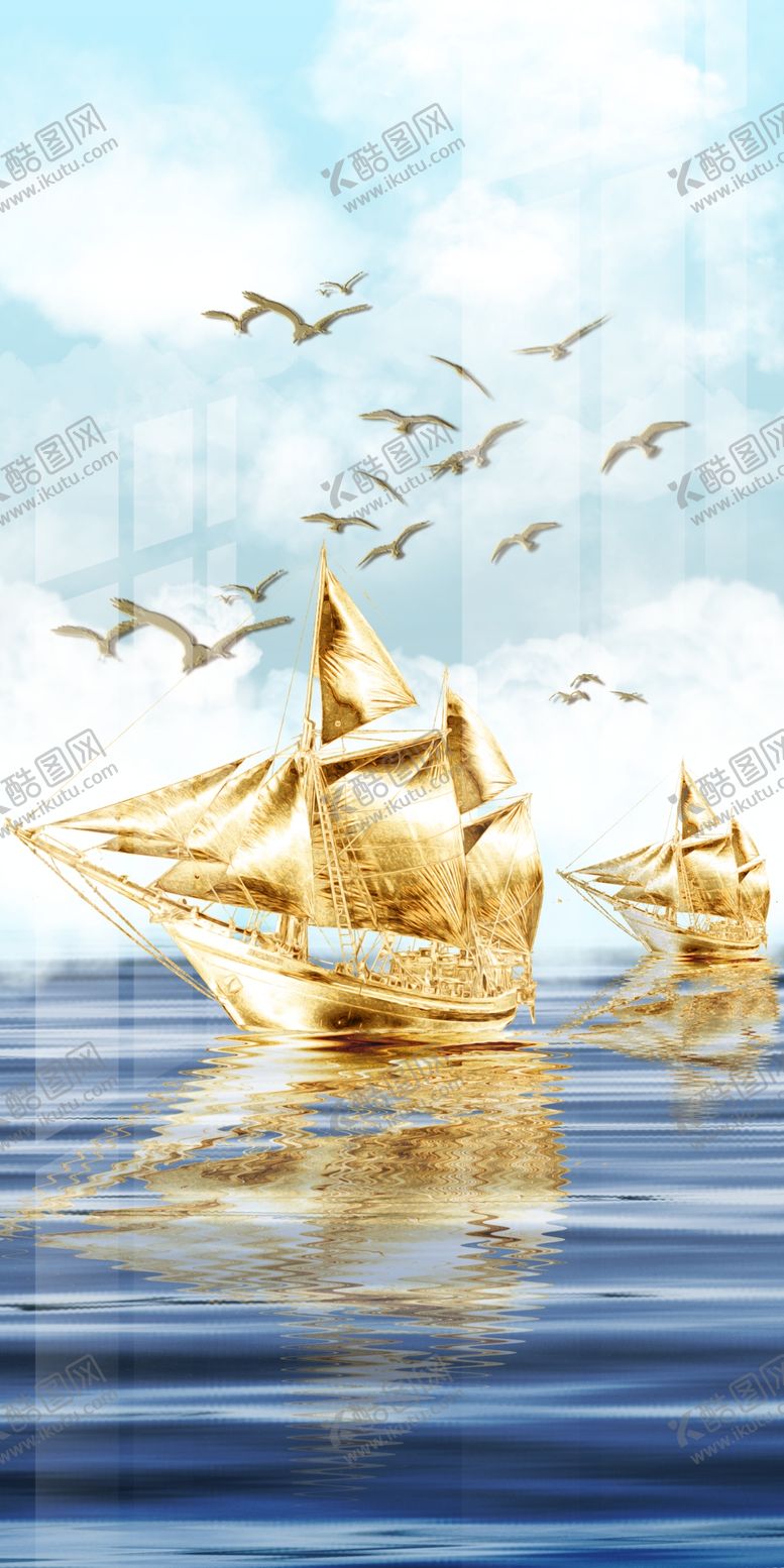 编号：87814710262052325840【酷图网】源文件下载-轻奢金色帆船玄关画