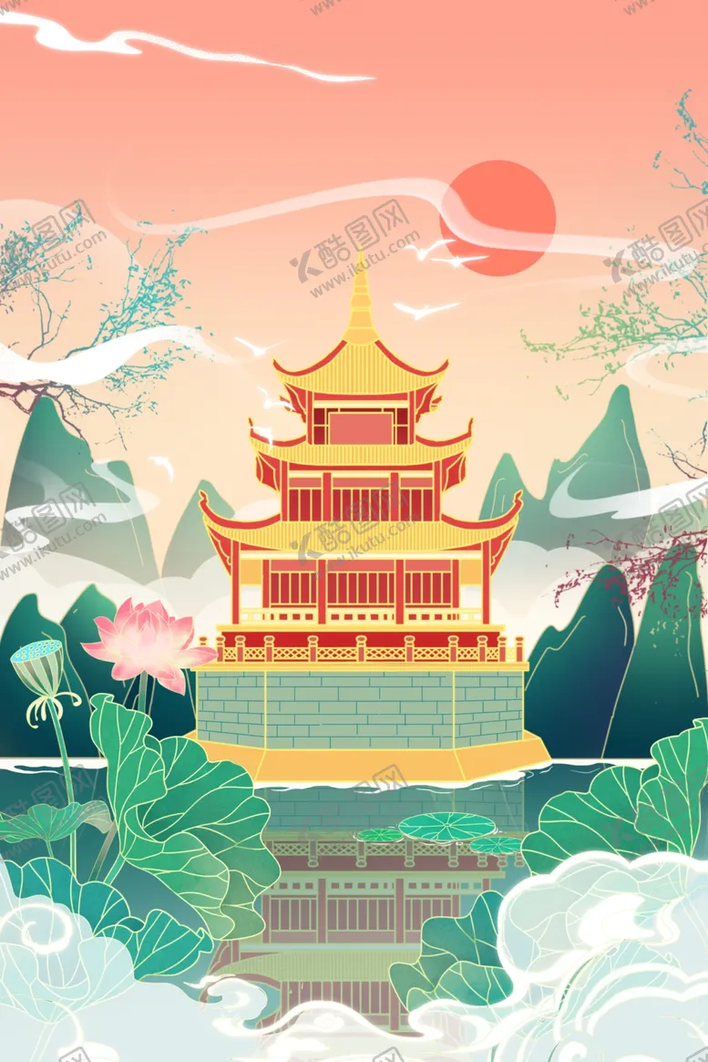 编号：16966702061241036810【酷图网】源文件下载-手绘花鸟山水风景画海报素材