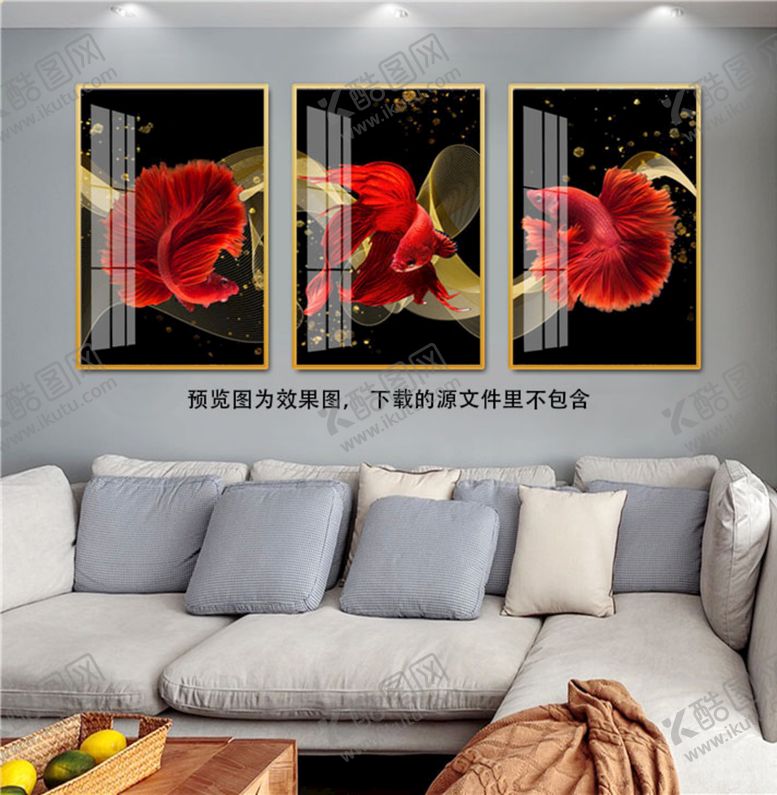 编号：43769109142119589856【酷图网】源文件下载-红色游鱼三联挂画装饰画