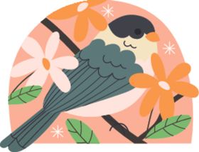 枝头小鸟与花卉插画