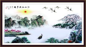 流水生财金色麋鹿意境山水装饰画