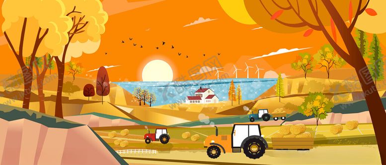 编号：91823509202333037816【酷图网】源文件下载-秋日田野中的农机作业场景