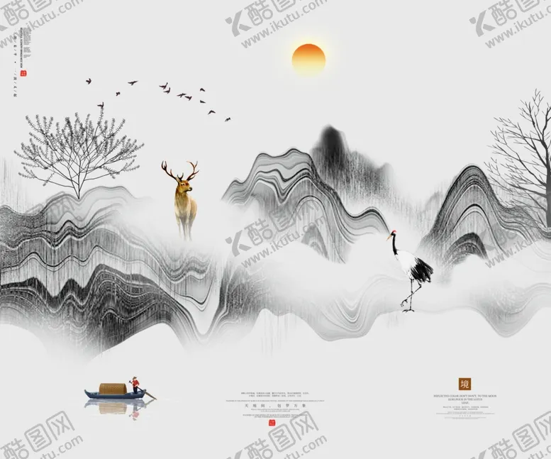 编号：51965307021009167135【酷图网】源文件下载-小鹿山水壁画墙贴复古背景素材