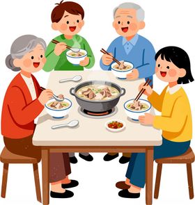 一家人围坐吃团圆火锅手绘插画