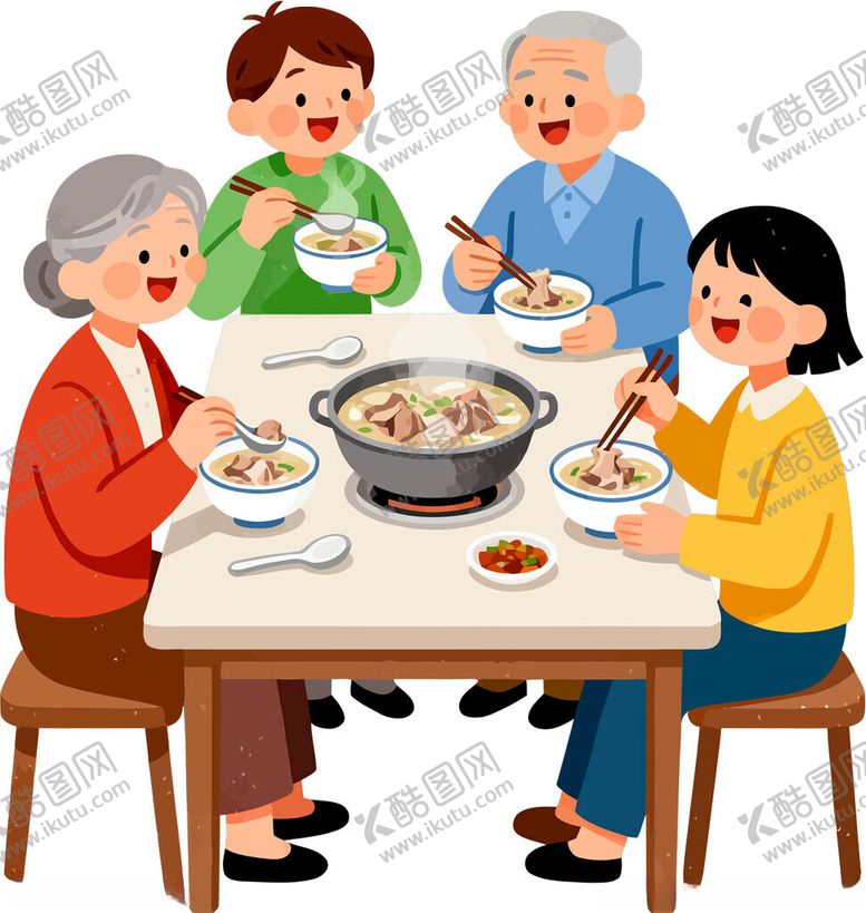 编号：25239804271944207083【酷图网】源文件下载-一家人围坐吃团圆火锅手绘插画