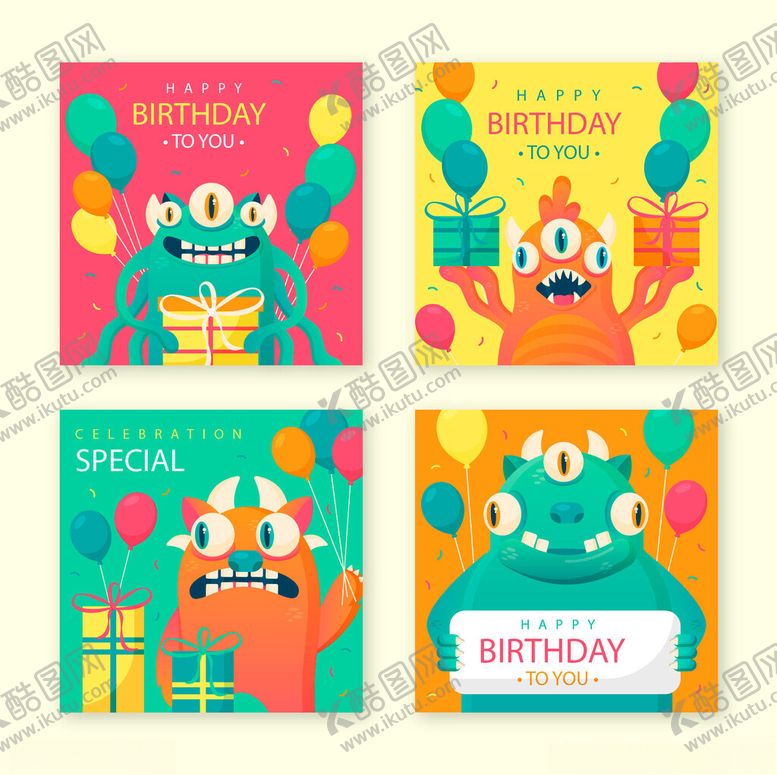 编号：38317504021747331326【酷图网】源文件下载-多彩怪兽生日主题卡片