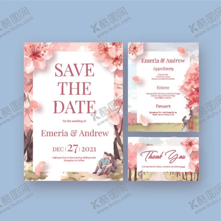 编号：86650810071421568276【酷图网】源文件下载-浪漫花卉婚礼日期预告卡